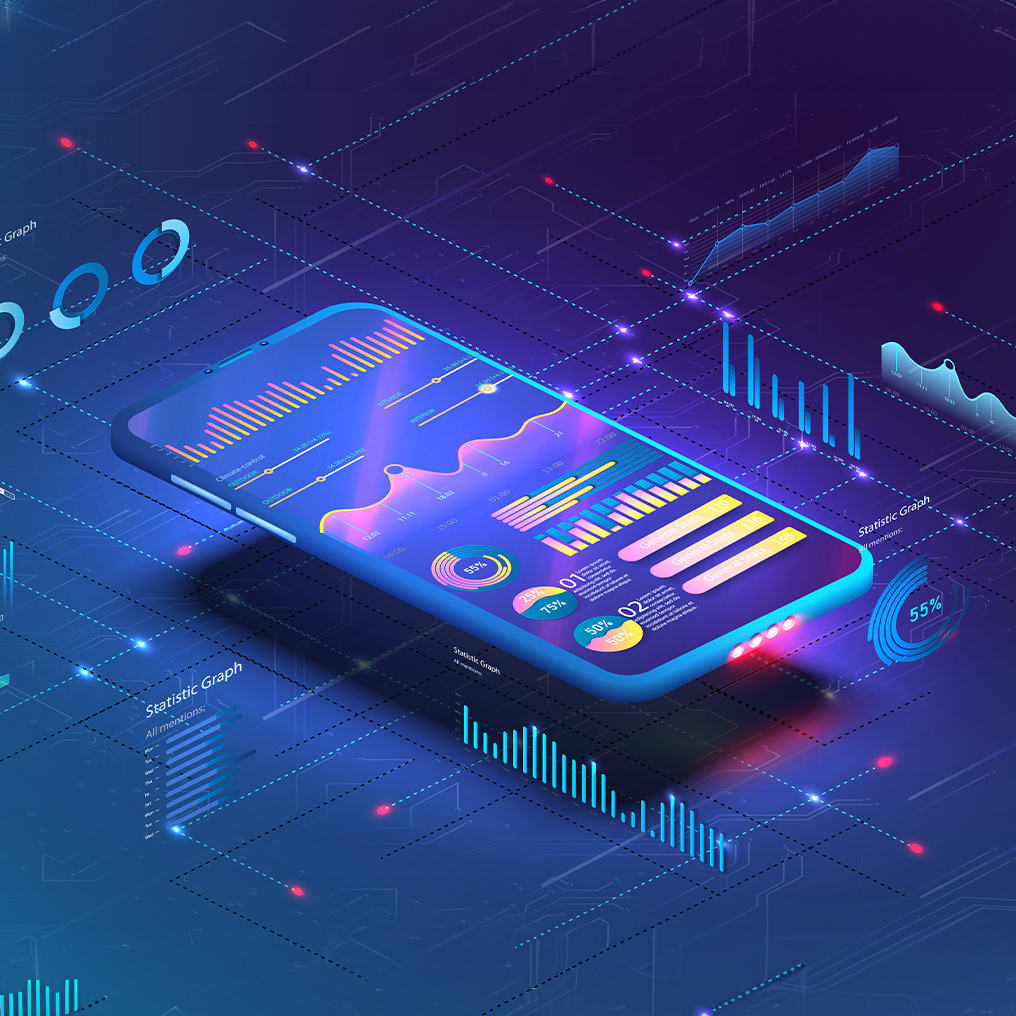 Futuristic High tech Image conveying Application Development using a smartphone with graphs displaying 