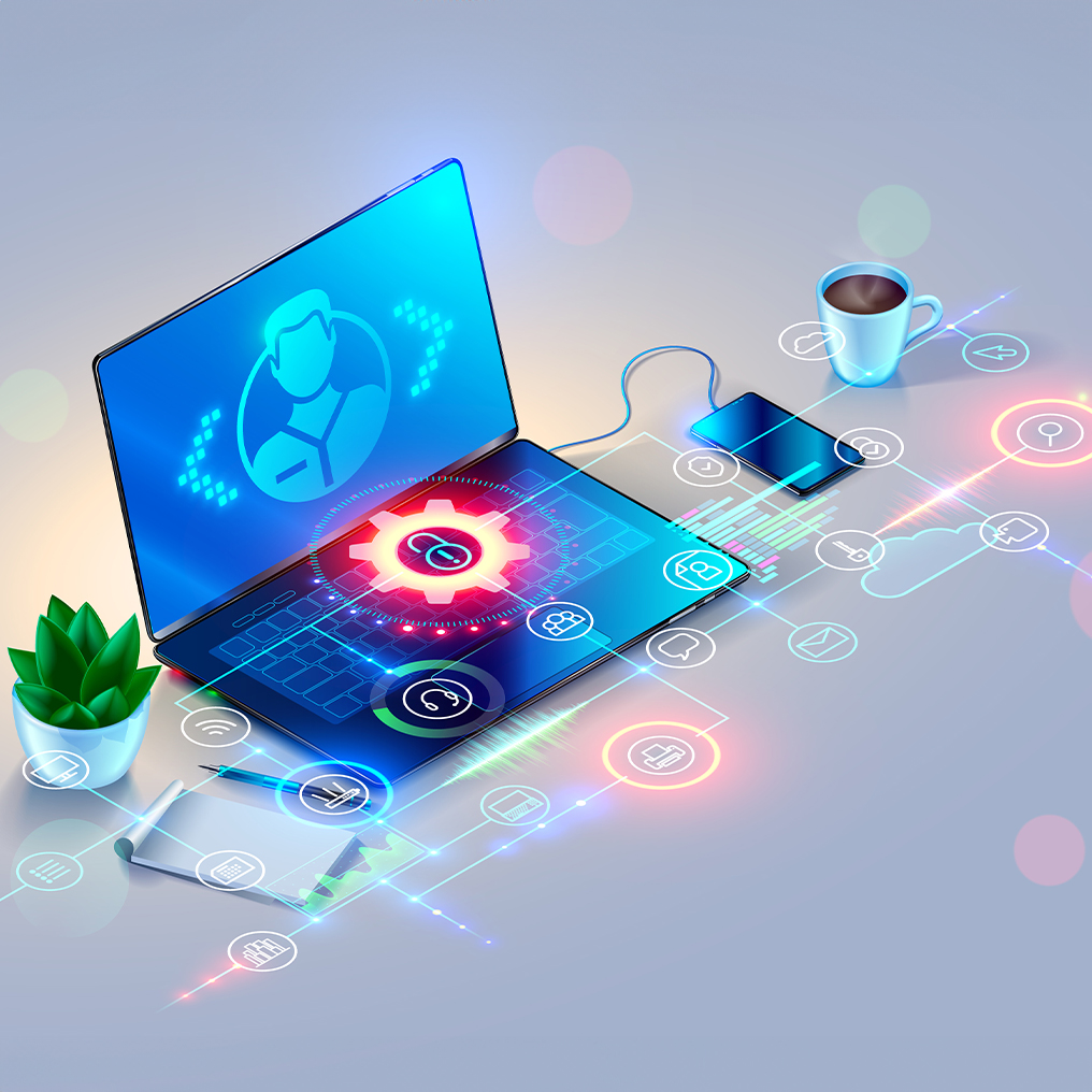 Laptop on desk with colorful futuristic overlay of abstra images representing IT operation support