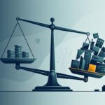 Balance scale weighing a small planned technology investment today against a larger toppling pile representing the compounded cost of delay.