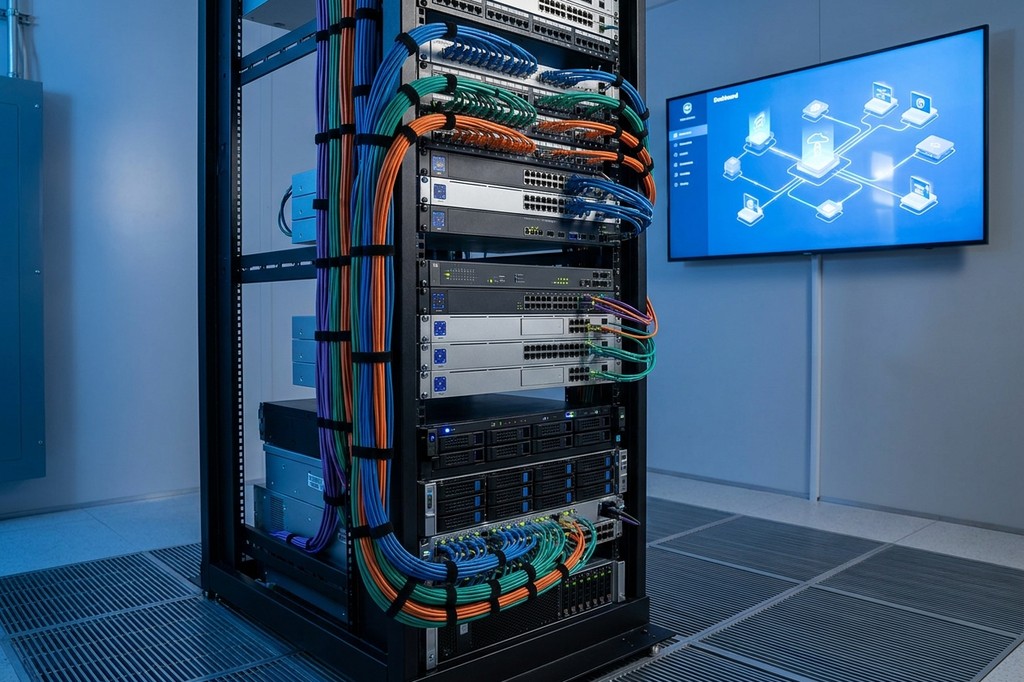 Neatly organized IT rack with managed, color-coded cabling supporting a CPA firm's technology stack