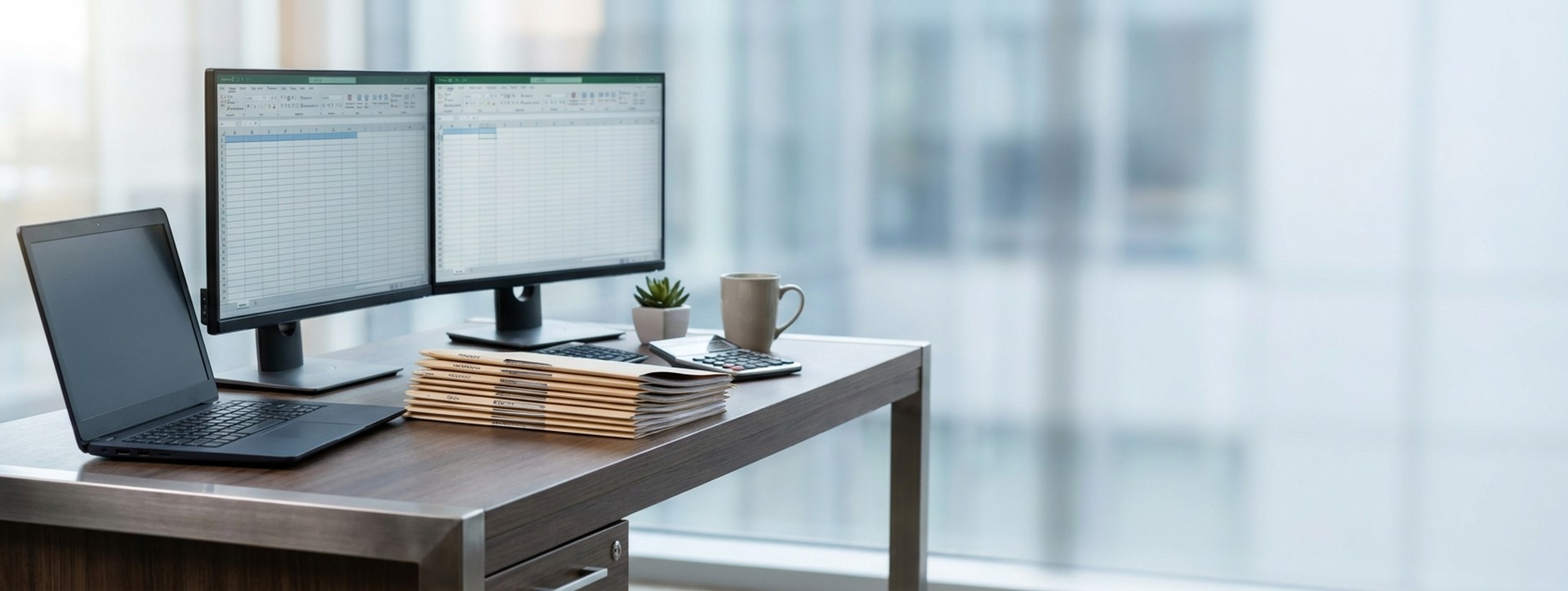 Organized CPA firm desk with monitors and neatly stacked tax folders, technology running smoothly during tax season