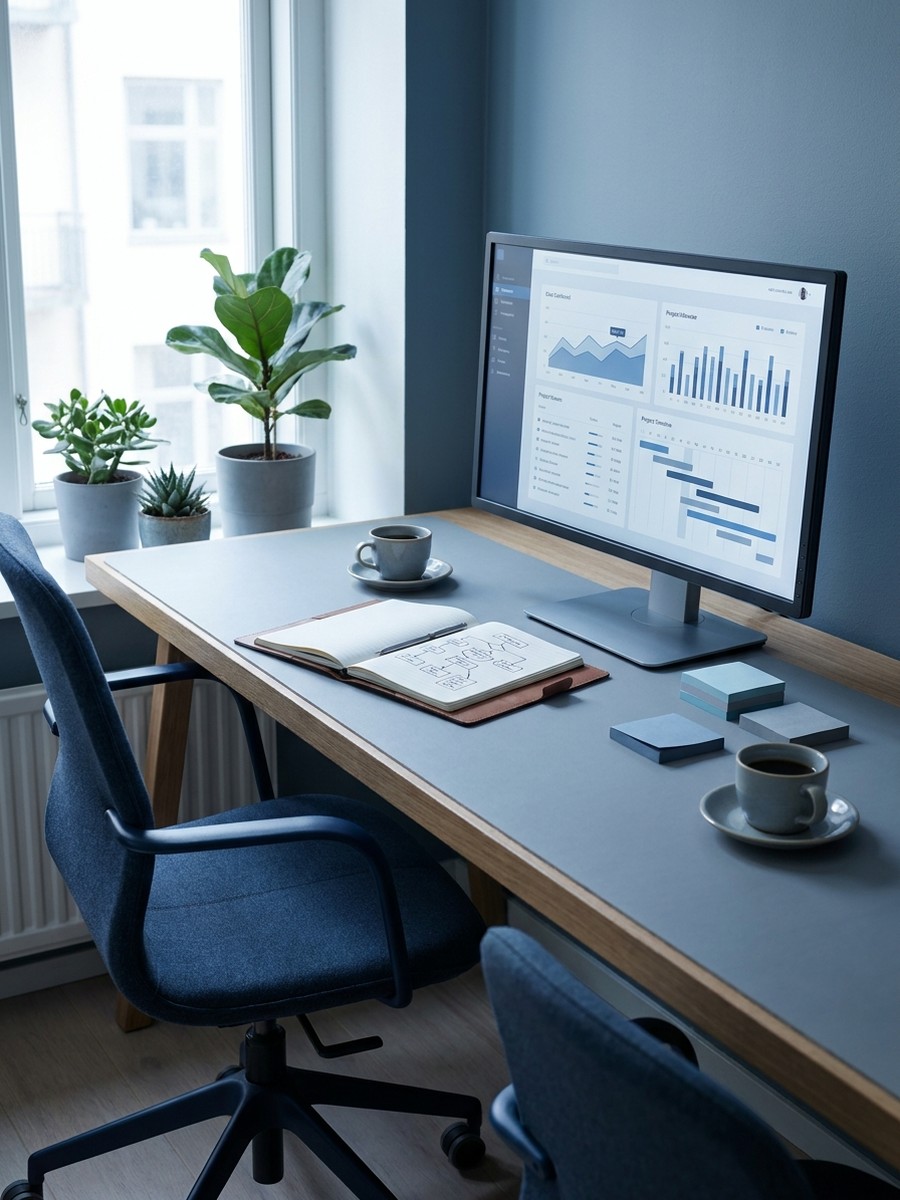 Calm, organized accounting workspace set up for collaboration, with a stable system dashboard on screen