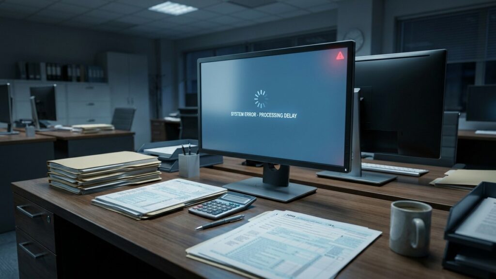 CPA firm desk during tax season with organized tax folders and a computer screen showing an error