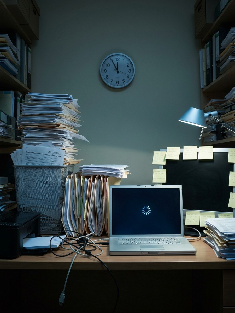 Accountant's desk overwhelmed by stacked tax returns and a laptop showing an error late at night during tax season