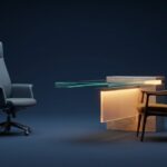 An empty executive chair beside a warmly lit desk and simple chair, illustrating fractional IT leadership focused on the work.