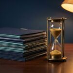 A brass hourglass beside a tall stack of tax folders on a dark desk, representing staff time spent on tax prep.