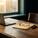 A veteran preparer's wooden desk at golden hour, with a laptop set aside and reading glasses resting on a single client folder.