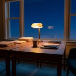 A small family-run tax office at dusk, with two wooden desks pushed together, stacks of folders, and a single desk lamp still on.