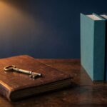 An antique brass key resting on a worn leather folio beside a row of organized binders, representing a tax practice ready to hand over.